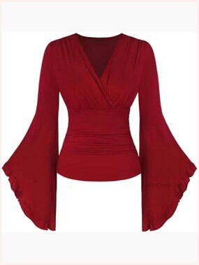 Women's Renaissance Wrap Top V Neck Long Bell Sleeve Ruched Blouse Medieval